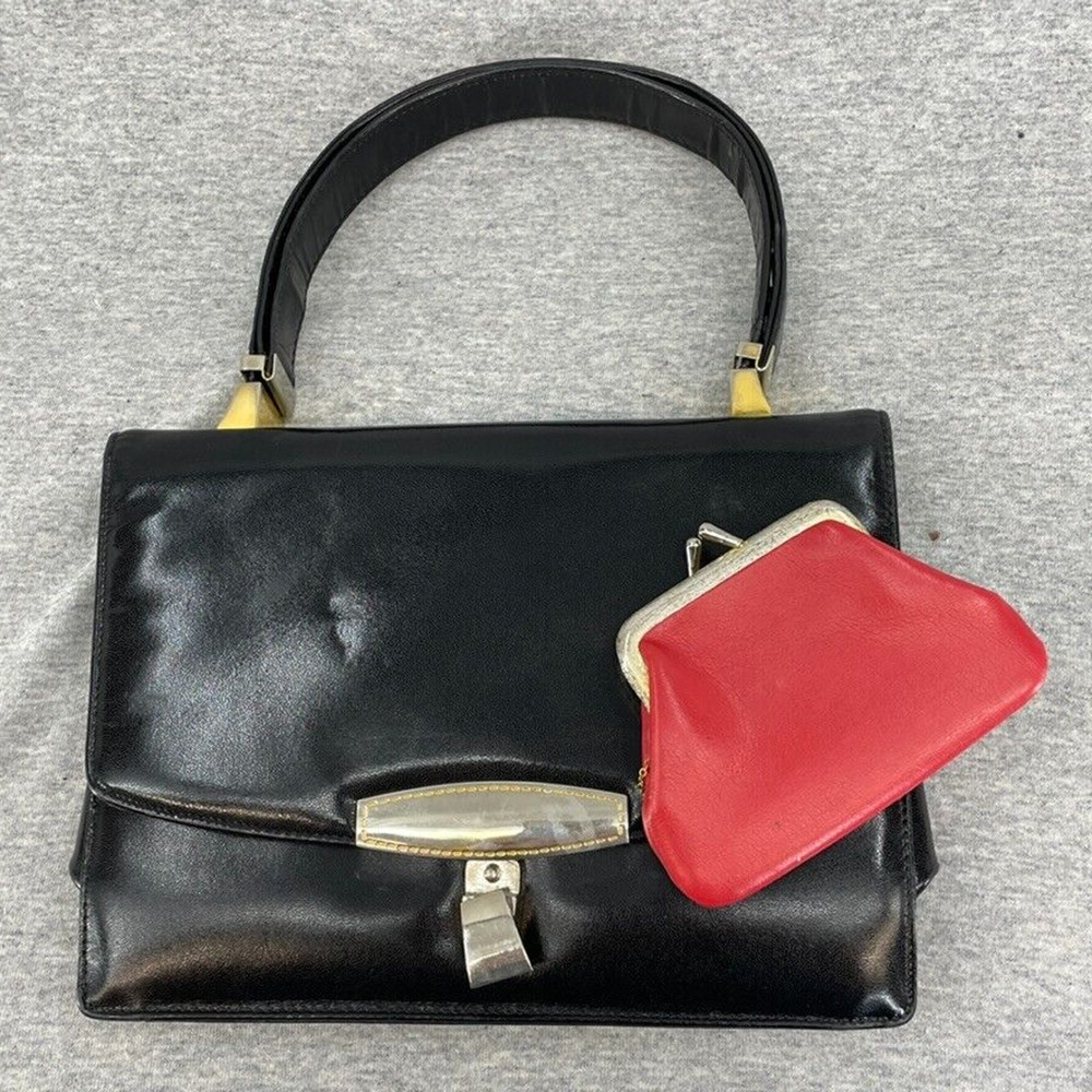 Vintage Koret Leather Purse Black Handbag Wallet Top Handle Shoulder Convertible